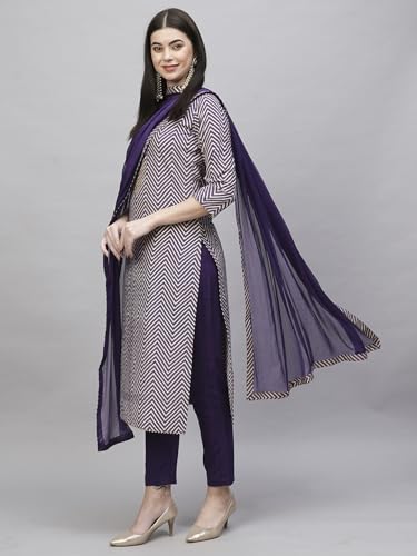 ANNI DESIGNER Womens Cotton Blend Straight Printed Kurta with Pant & Dupatta (DMPL BEGANI_S_Purple_Small)