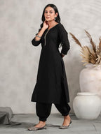 Anubhutee Women'S Black Pleated Thread Work Pure Cotton Straight Kurta