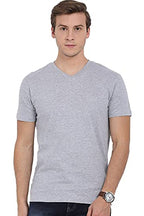 ADRO Mens V Neck Solid Cotton T-Shirt (VN-M-PLN-GR_Grey_S)