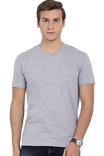 ADRO Mens V Neck Solid Cotton T-Shirt (VN-M-PLN-GR_Grey_S)