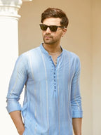 See Designs Men Full Sleeve Turquoise Blue Chanderi Silk Sequins Cotton Mandarin Collar Side Slit Kurta With Pyjama - Sd2Mkt_144