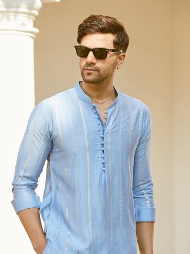 See Designs Men Full Sleeve  Chanderi Silk Sequins Cotton Mandarin Collar Side Slit Kurta With Pyjama