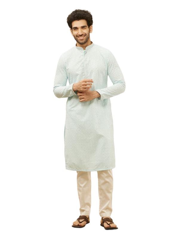 Manyavar Mens Blue Blended Cotton CHIKANKARI Kurta Pyjama Set