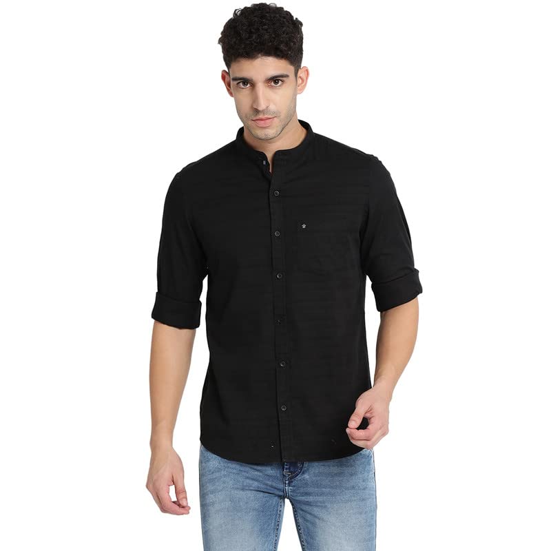 Turtle Men Black Cotton Self Design Slim Fit Casual Shirts