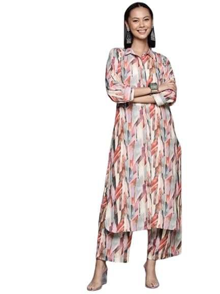 Varanga Women Multi Colour Shirt Collar Side Slit Tunic Paired With Tonal Bottom