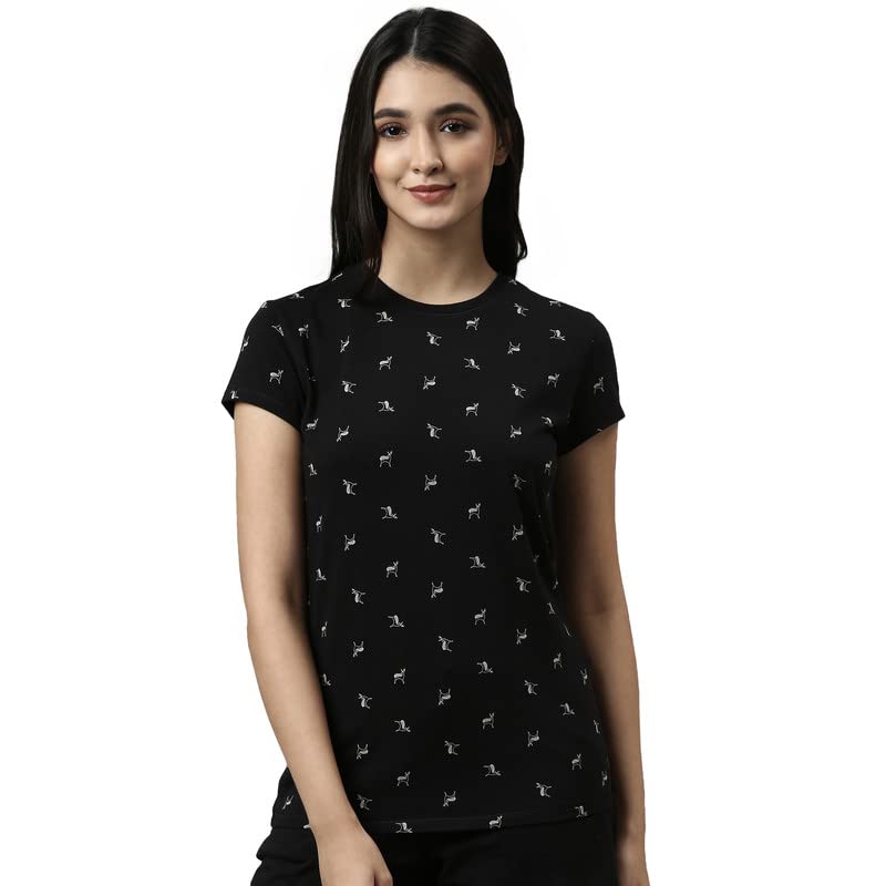 Enamor Essentials Short Sleeve Round Neck Slim Fit Stretch Cotton Lounge Tshirt for Womens-E247 (E247_Jet Black Deer AOP_M)