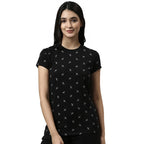 Enamor Essentials Short Sleeve Round Neck Slim Fit Stretch Cotton Lounge Tshirt for Womens-E247 (E247_Jet Black Deer AOP_M)