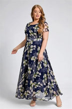 Shasmi WomenS Navy Blue Georgette Digital Floral Printed Floral Printing Short Sleeve A-Line Maxi Gown Dress For Women (Gown Dr