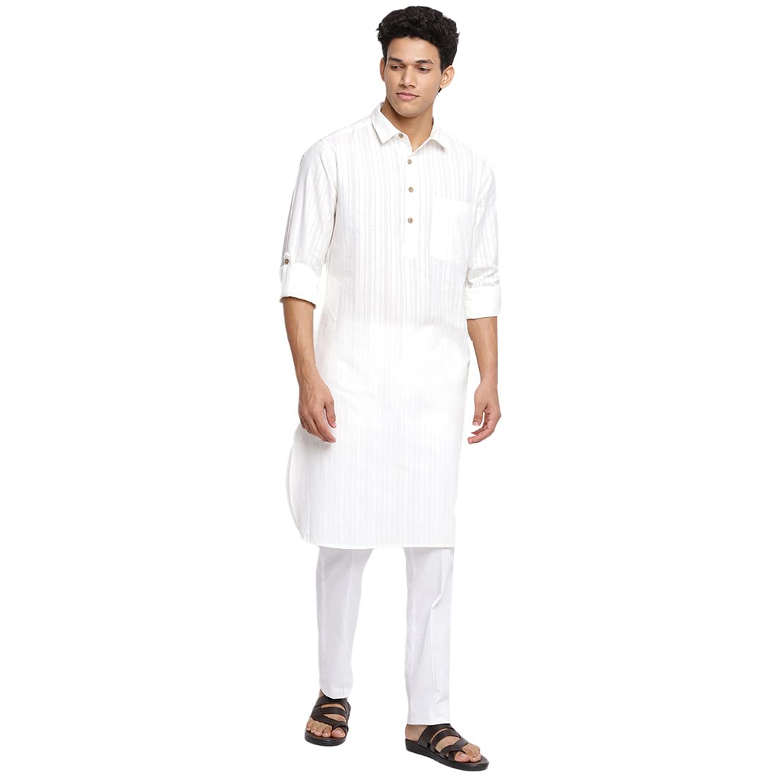 Fabindia Men Cotton Striped Pathani Kurta Natural_Xs