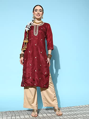 Ishin Women'S Silk Blend Maroon Embroidered Embroidered A-Line Kurta