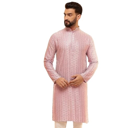 Sojanya (Since 1958 MenS Cotton Rayon Shiny Thread Sequinned Pink Only Long Kurta