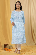 W For Woman White Floral Print Cotton Straight Kurta