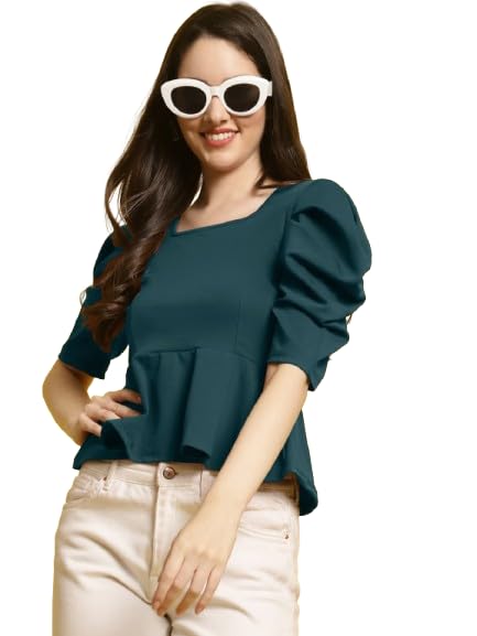 Pinkmint Fancy Tops for Women & Girls l Square Neck Top with Puff Sleeve Elegant T-Shirt l Tops for Every Wardrobe (Pack of 1) 