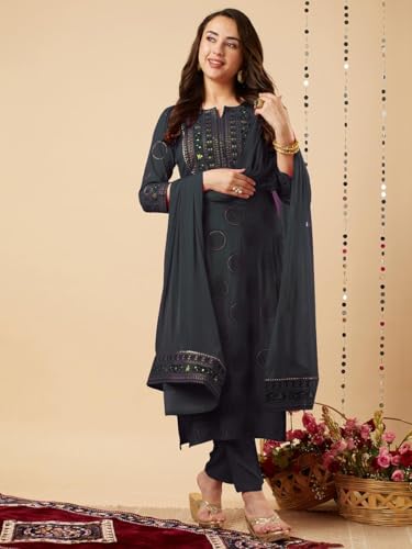 ANNI DESIGNER Womens Cotton Blend Straight Printed Kurta with Pant & Dupatta (NOV Grey_M_Grey_Medium)