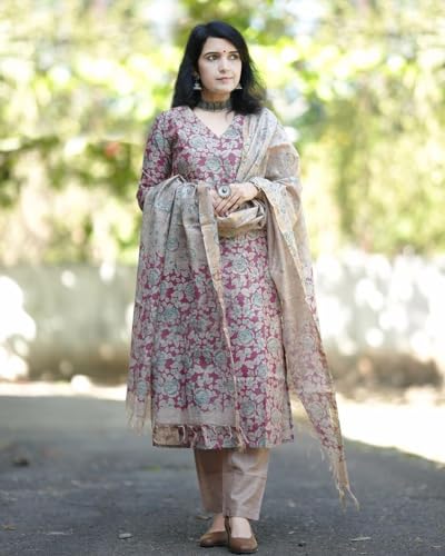 ANNI DESIGNER Womens Cotton Blend Printed Straight Kurta with Pant & Dupatta (Moringa Pink-JM_M_Pink_Medium)