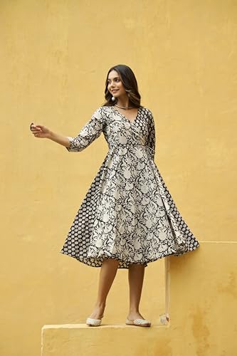 ANNI DESIGNER Womens Cotton Blend Anarkali Printed Kurta (Yogda Black_M_Black_Medium)