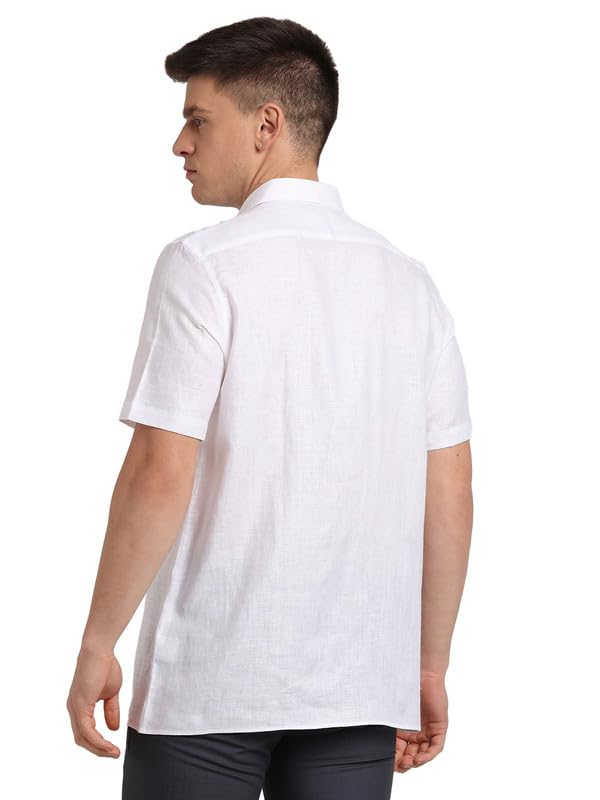 Turtle Men Pure Linen Regular White Solid Half Sleeve Formal Shirt