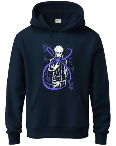 ADRO Men's Cotton Blend Neck Hooded Sweatshirt (H24-ANI-NB_Navy Blue