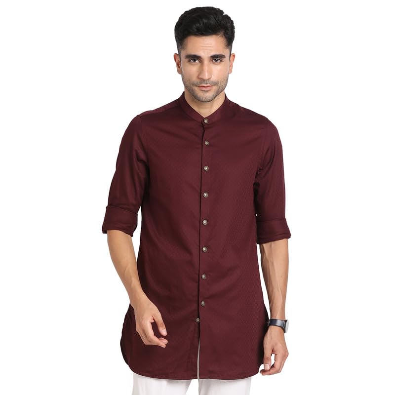 Turtle Men 100% Cotton Maroon Jacqard Print Slim Fit Ceremonial Kurta