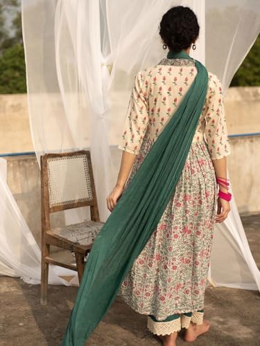 ANNI DESIGNER Womens Cotton Blend Anarkali Printed Kurta with Pant & Dupatta (TOKI White-NW_L_White_Large)
