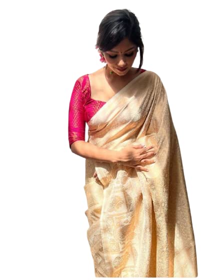 Flosive Womens Present Banarasi Soft Lichi Silk Saree Beautiful Jacquard Rich Pallu Design Work Zari Woven Kanjivaram Silk Styl