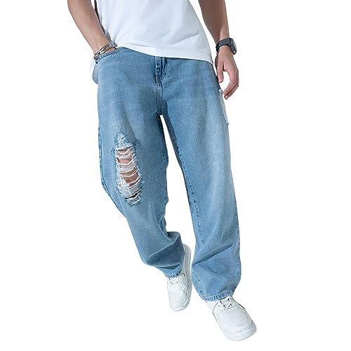 Hubberholme MenS Knee Distressed Loose Fit Jeans (Blue, 32)