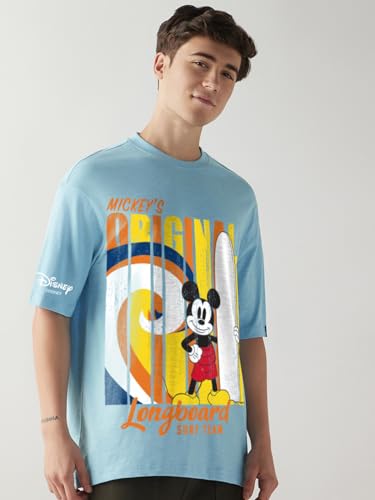 Bewakoof Air 1.0 Official Disney Merchandise Mickey Mens Graphic Print Oversized Fit Half Sleeve Round Neck Cotton Jersey T-Shi