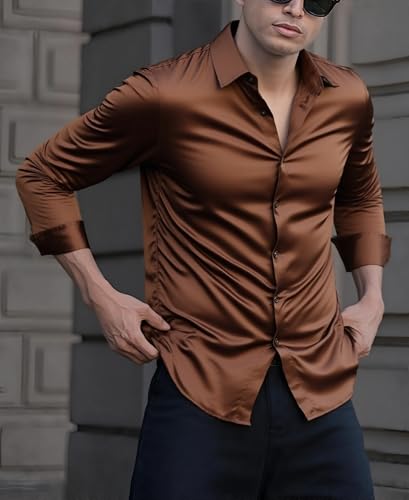 Indoprimo MenS Casual Button Down Long Sleeve Satin Plain Shirt Brown