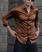 Indoprimo MenS Casual Button Down Long Sleeve Satin Plain Shirt Brown