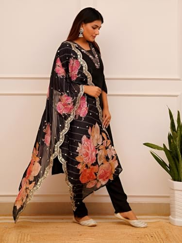 Lookmark WomenS Print & Embroidered Straight Cotton Blend Stitched Kurta Pant With Dupatta | Kurta Sets For Woman | Kurti Pant