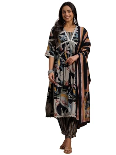 Libas Womens Printed Silk Blend A-Line Kurta With Salwar And Dupatta