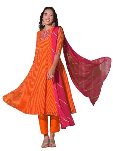 Anni Designer WomenS Rayon Viscose Anarkali Leheriya Embroidered Kurta With Pant & Dupatta (Ustaad Orange-Vks01_Xxl_Orange_Xx-La