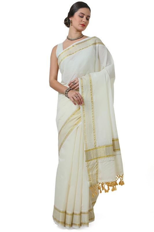 Soch Women Zari Woven Kasavu Cotton Blend Saree with Tassels