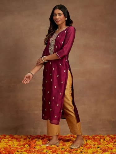 Libas Purple Embroidered Silk Straight Kurti