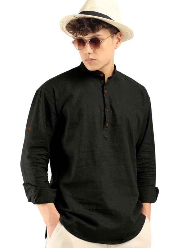 Macsivo MenS Cotton Polyester Blend Solid Regular Fit Full Sleeve Short Kurta Black