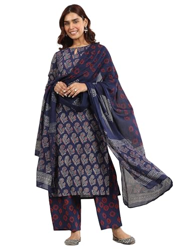 Libas Blue Printed Cotton Straight Kurta Set For Women (400192Ohxxl)
