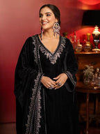 Ishin Women'S Black Yoke Design Zari Work Velvet Straight Kurta With Trousers & Dupatta