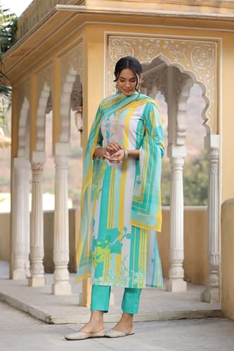 ANNI DESIGNER Womens Cotton Blend Straight Printed Kurta with Pant & Dupatta (Kapila Green_L_Green_Large)