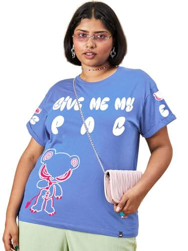 Bewakoof WomenS Graphic Print Boyfriend Fit Half Sleeve Round Neck Pure Cotton Plus Size T-Shirt_676160_Blue_5Xl