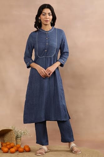 W For Woman W Women Blue Striped Viscose Straight Kurta Set With Straight Pant