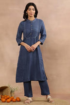 W For Woman W Women Blue Striped Viscose Straight Kurta Set With Straight Pant