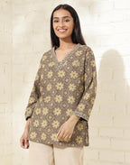 Fabindia WomenS Cotton Printed Slim Kurta (1037347Grey- Grey-Mustard