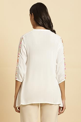 W Ecru Embroidered Rayon Tunic Top For Women