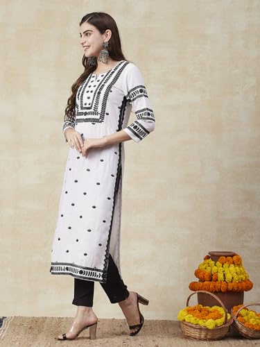 ANNI DESIGNER Womens Cotton Blend Chikankari Embroidered Straight Kurta (Stho-White-NRK_L_White_Large)