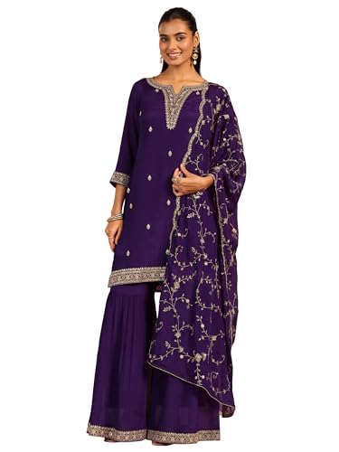Libas Womens Embroidered Chinon Straight Kurta With Palazzos And Dupatta