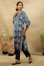 W For Woman Folksong By W Women Blue Festive Floral Print Viscose Straight Kurta