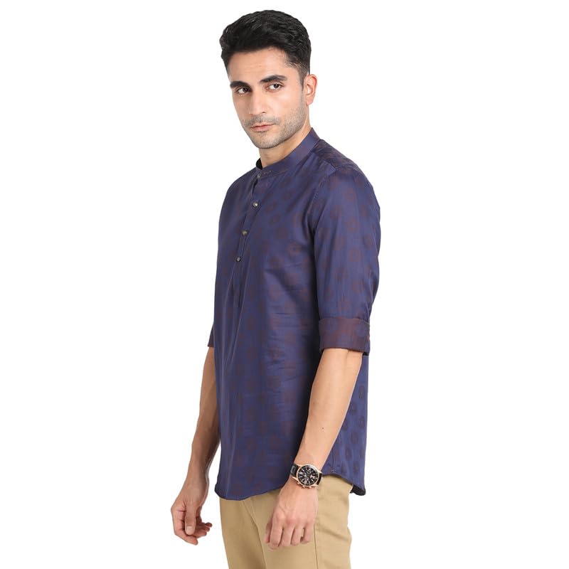 Turtle Men 100% Cotton Navy Jacqard Print Slim Fit Ceremonial Kurta