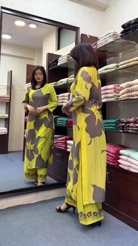 ANNI DESIGNER Womens Rayon Blend Straight Printed Kurta with Palazzo (Nolaram Yellow_L_Yellow_Large)