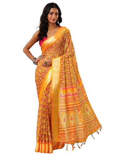 Mustard Printed Banarasi Georgette Saree With Unstitched Blouse Piece