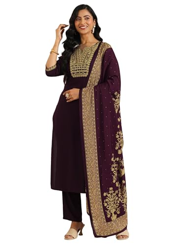 Libas Burgundy Yoke Design Viscose Straight Kurta Set For Women (400558Hxxl)